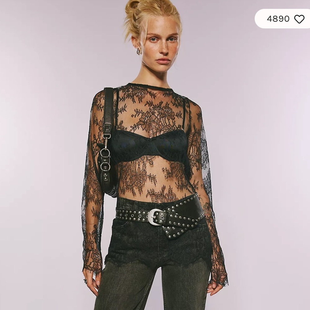 Free People Black Floral Lace Sheer Blouse